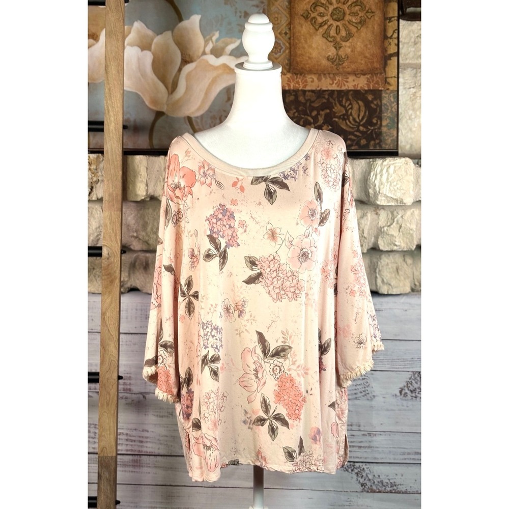 Democracy Women 1X Pink Floral French Terry Fringe Sleeve Tie Back Top